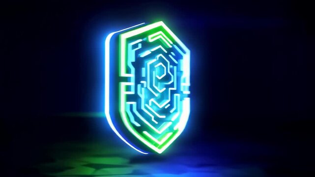 Futuristic neon shield symbol with check mark for security and validation placed on a dark background in a digital setting