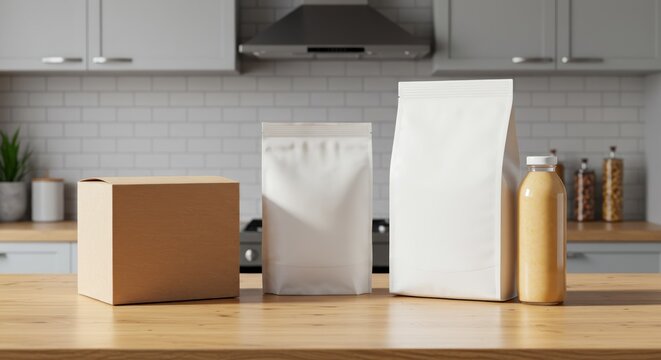 Blank product packaging set for branding concepts box, pouch, bag, and bottle on a kitchen counter