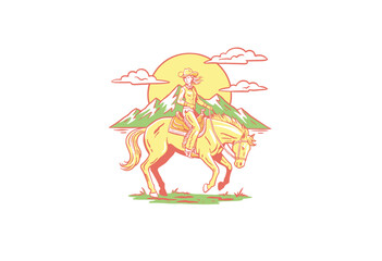 Cowgirl riding horse vintage artwork. Western adventure design for t-shirt. Wild west spirit graphic print. Rodeo cowgirl artwork. Mountain landscape