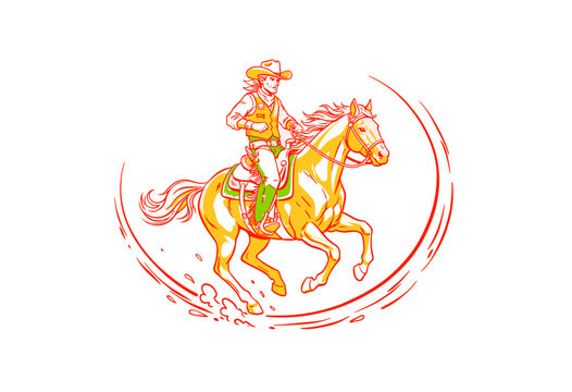 Cowboy rider artwork for t-shirt design. Horse riding graphic print for apparel. Rodeo wild west vintage illustration. Galloping wild horse action ske