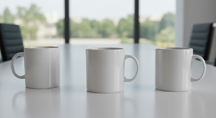 Obraz premium Three identical blank white mugs are neatly aligned on a modern conference table, providing a clean template for branding designs or essential drinkware during business meetings