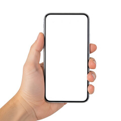 A hand holding a smartphone with a blank screen, ready for use. isolated on transparent background