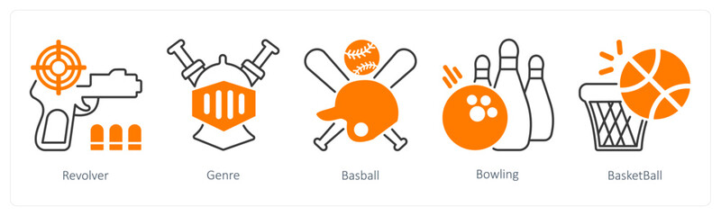 A set of 5 mix icons as revolver, genre, baseball