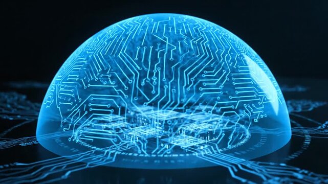 A futuristic video representation of a blue circuit board brain in a digital dome.