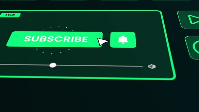 Close up of a glowing digital interface featuring a subscribe button and notification bell icon for web engagement.
