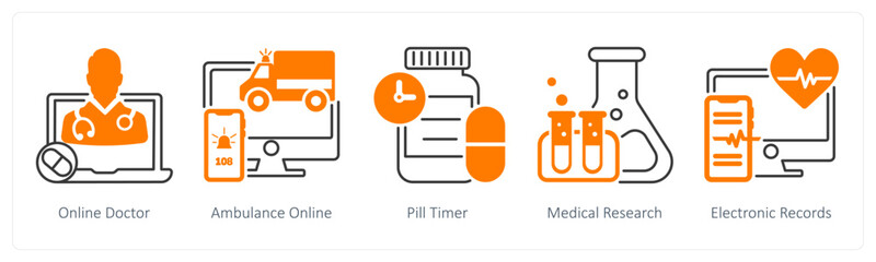 A set of 5 mix icons as online doctor, ambulance online, pill timer © popcornarts
