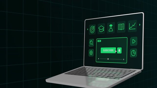 Laptop display showcasing a clean digital interface with educational icons and a central subscription module.