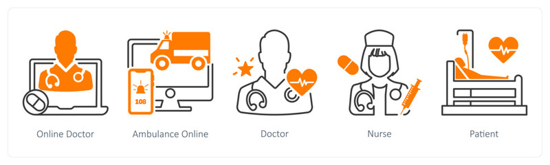 A set of 5 mix icons as online doctor, ambulance online, doctor © popcornarts