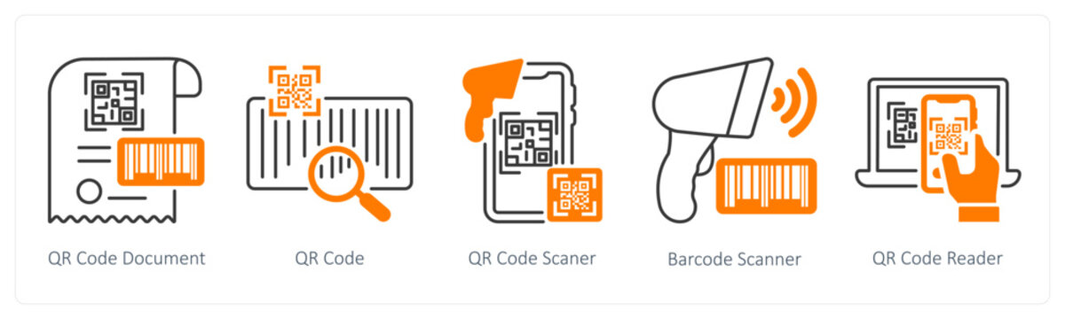 A set of 5 mix icons as qr code document, qr code, qr code scanner