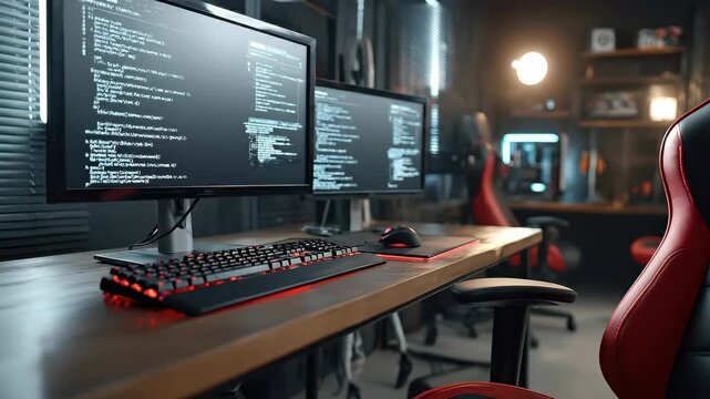 Immersive gaming setup with dual monitors and led backlit keyboard in home workspace