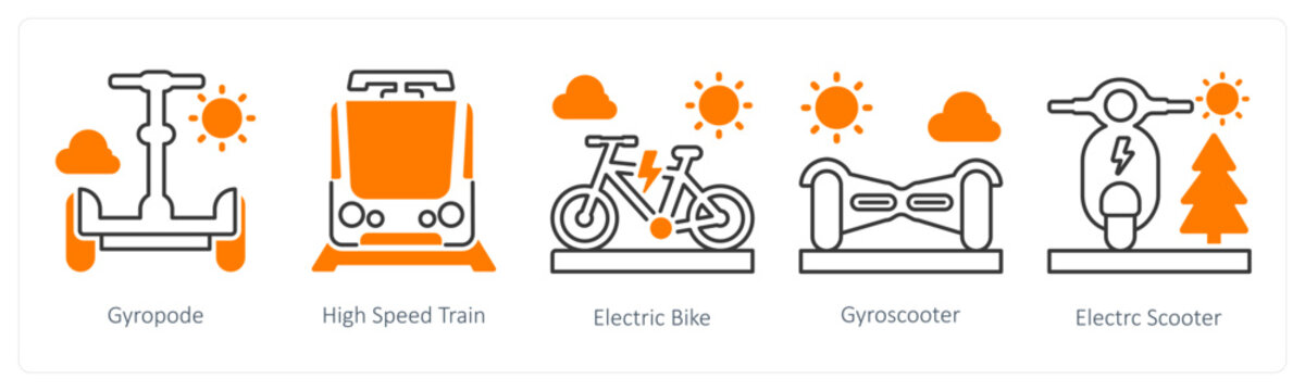 A set of 5 mix icons as gyropode, high speed train, electric bike