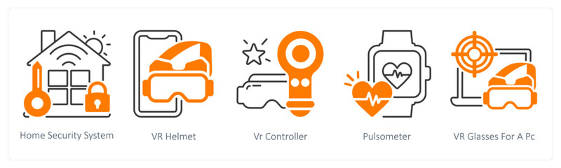 A set of 5 mix icons as home security system, vr helmet, vr controller © popcornarts