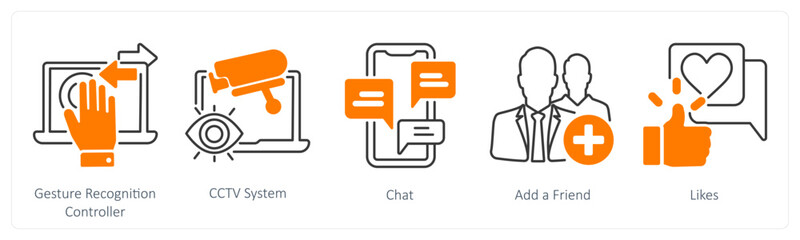 A set of 5 mix icons as gesture recognition controller, cctv system © popcornarts