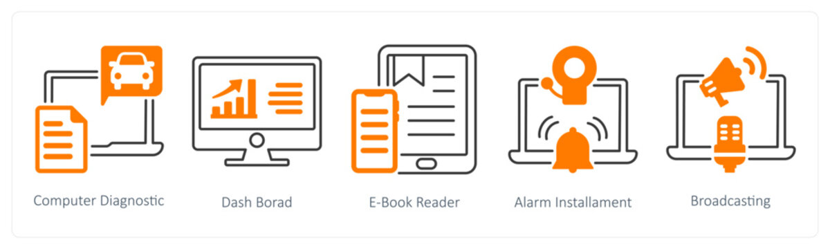 A set of 5 mix icons as computer diagnostic, dashboard, e book reader