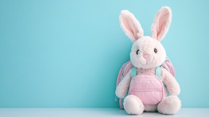 Fototapeta premium Stuffed rabbit with pastel colored backpack ready for plush toy school day