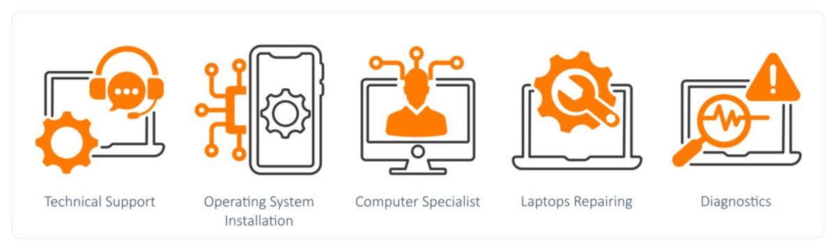 A set of 5 mix icons as technical support, operating system installation