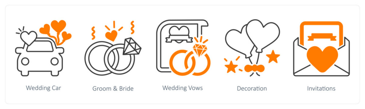 A set of 5 mix icons as wedding car, groom and bride, wedding vows