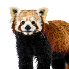 Red panda close-up, looking forward. Fluffy fur, auburn and black, on white background. Cutout style