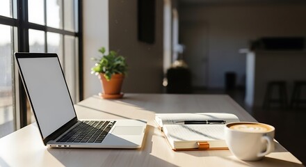 Fototapeta premium side angle desk laptop journal latte natural window light