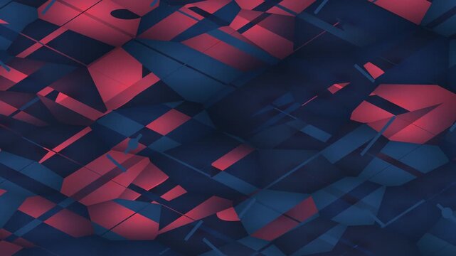 An abstract design features interlocking geometric shapes in shades of blue and red