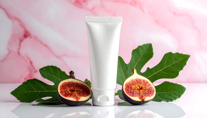 White tube surrounded by figs and leaves on a pink marbled surface