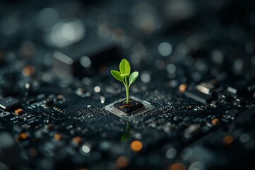 Small green plant sprout growing out of a computer circuit board with blurred metallic background