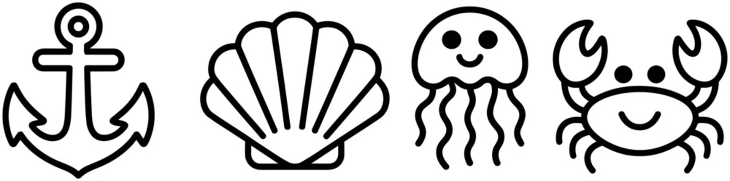 Sea life icon set, nautical illustration, anchor and seashell design, jellyfish and crab cartoon, black and white marine symbols, ocean themed art