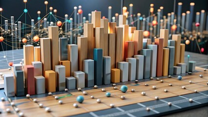 Obraz premium 3D Bar Graph with Colorful Blocks and Spheres on Grid