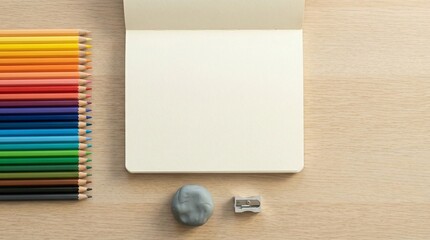 Colorful pencils, eraser, sharpener and blank notebook on wooden desk, top view