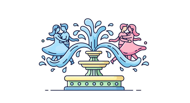 Magical water fountain with streams forming dancing couples illustration.