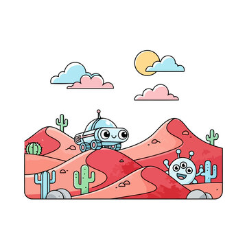 Cute cartoon robot rover and a friendly three-eyed alien character.