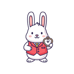 Obraz premium Cute cartoon white rabbit character in a red vest holding a heart-shaped clock.