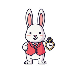 Obraz premium Cute white rabbit character in a red vest holding a heart shaped pocket watch.