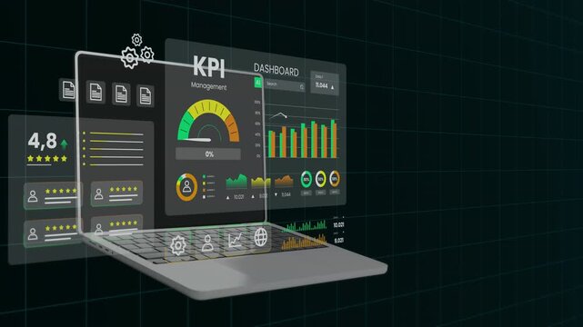 High angle view of a laptop displaying a comprehensive corporate dashboard with performance gauges and star ratings.