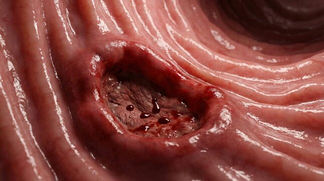 Close up of a bleeding ulcer within a pink folded organic tissue structure