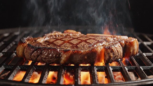 Premium Juicy Beef Steak Sizzling on Open Flame Grill: Professional BBQ Cooking with Smoke and High Heat Sear
