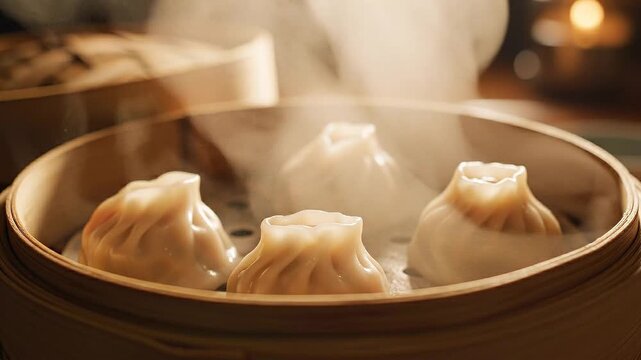 Cinematic Steaming Hot Xiao Long Bao Soup Dumplings in Bamboo Basket, Close-up Delicious Traditional Chinese Dim Sum
