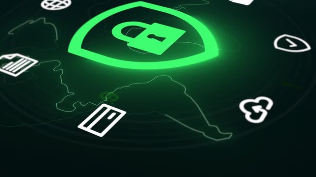 Detailed view of a green digital security shield icon surrounded by floating data document and network connection symbols.
