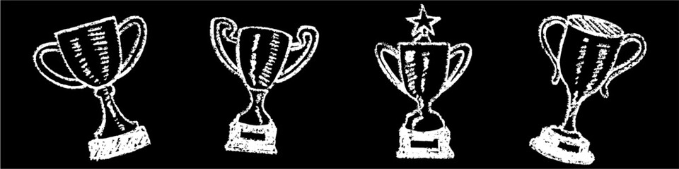 Set editable chalk drawing trophy cup vector for school victories. Ideal for classroom tournament graphics and academic awards. Symbolizes student champions, educational success, and teamwork. © Taliax
