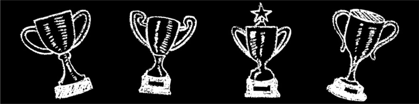 Set editable chalk drawing trophy cup vector for school victories. Ideal for classroom tournament graphics and academic awards. Symbolizes student champions, educational success, and teamwork.
