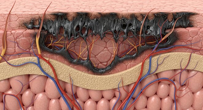 Microscopic view of a deep skin burn wound showing damaged tissue blood vessels and hair follicles