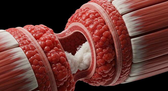 Cross section of inflamed colon tissue showing diverticula and obstruction