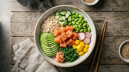 Overhead view of a nutritious sushi bowl with salmon, avocado, edamame, and sesame seeds on a rustic wooden table