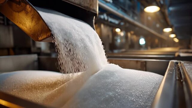 Industrial sugar processing: granulated sugar flowing into metal container in factory setting
