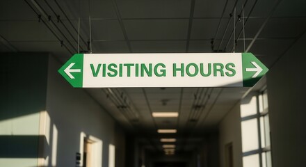 Hospital Corridor Signage Announcing Visiting Hours With Directional Arrows Depicted