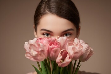 Fototapeta premium Young woman hiding face behind pink tulips