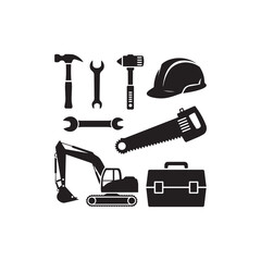Fototapeta premium Industrial construction equipment and hand tools collection set including hammer wrench and excavator