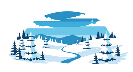 A stylized winter landscape with mountains trees and a winding river © Tm Studio