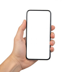 A hand holding a smartphone with a blank screen, showcasing modern technology isolated on transparent background