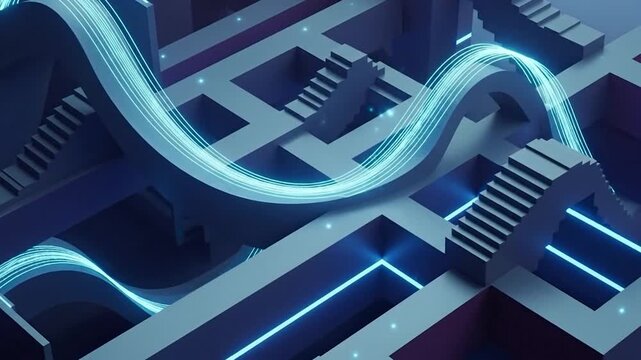 Abstract 3D rendering of a complex maze or labyrinth with a glowing blue light path, symbolizing problem-solving and navigation.